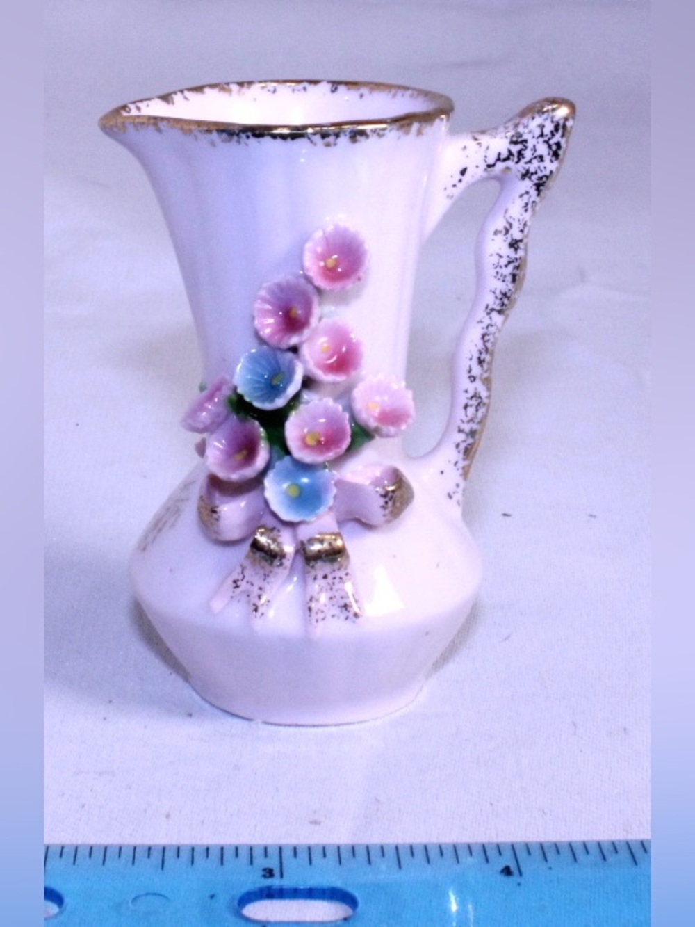 LEFTON Porcelain Bud Vase with Pink and Blue Floral Appliqué and Gold Trim
